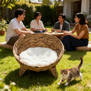 Neues Design Natürliches Strohnest Handgewebtes Haustierhaus Winter Warmes Katzenbett Katzen-Kratzbrett Hundenest mit Weichem Kissen - Product Image 2