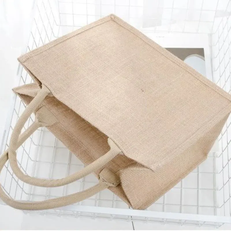 Toptan keten torba el-boyalı çuval 100% jüt taşınabilir alışveriş lamine jüt çanta