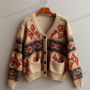 Vêtements personnalisés d'hiver surdimensionnés <span class=keywords><strong>fantaisie</strong></span> ornés Cardigans haut court Double poche tricot <span class=keywords><strong>femme</strong></span> Cardigan pulls - Product Image 2