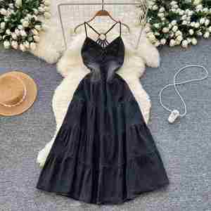 Vestido maxi vaquero casual de verano para mujer, sin mangas, con cuello de lazo, transpirable, entallado, con espalda descubierta, negro natural - Product Image 2