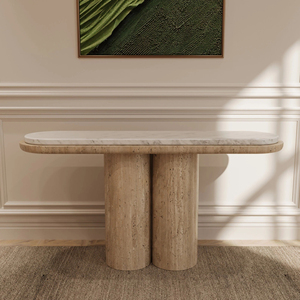 Tavolo Console Cavallo KUMUSI FURNITURE con Base in Travertino e Piano in Marmo Arabescato - Product Image 4