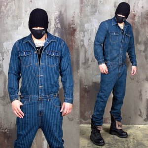 Custom Blue Stripe <strong>Baggy</strong> 100% Cotton Denim Y2K Casual Winter Patchwork Overalls Suit Mens Romper Jumpsuit Work <strong>Dungarees</strong> - Product Image 2