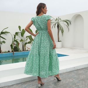 <span class=keywords><strong>Robe</strong></span> <span class=keywords><strong>longue</strong></span> maxi décontractée en polyester, été, vert menthe, imprimé floral, en mousseline, col en V, coupe trapèze, volants, manches courtes, ceinture empire - Product Image 5