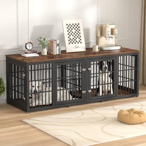 Mobile per Gabbia Doppia per Cani, Robusta Gabbia <span class=keywords><strong>Extra</strong></span> <span class=keywords><strong>Large</strong></span> con Divisorio per 2 Cani, Mobile Decorativo in Legno per Canile - Product Image 1