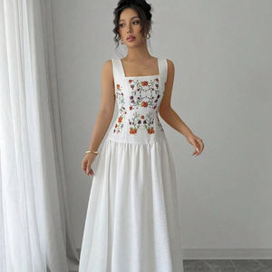 Vestido de Verano Blanco Maxi, Corte Regular, Cintura Natural, 100% Algodón, Bordado a Máquina, Casual, Manga Corta, Lavable, con Bolsillos, para Mujer - Product Image 1