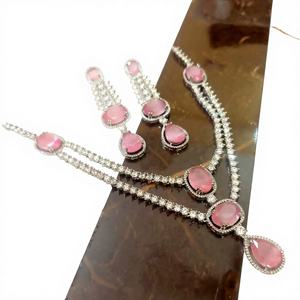 Classic Elegant CZ <b>Diamond</b>-Look Bridal Jewelry Set <b>Silver</b> Plated Pink Stone <b>Necklace</b> and Drop Earrings for Wedding & Party - Product Image 1