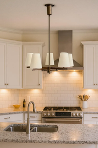 Lustre design moderne du milieu du siècle en laiton à 5 lumières avec abat-jour en tissu, luminaire suspendu pour îlot de cuisine, lampe de plafond - Product Image 2