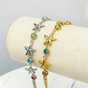 Pulsera con Dije de Estrella de Mar, Chapada en Oro de 18k, Acero Inoxidable, Engaste de Bisel con Gema, Joyería de Moda para Fiesta - Product Image 1
