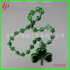 Green Shamrock <b>Beaded</b> Necklace <b>Plastic</b> Party Pendant LPP3020 Unisex Costume Accessory - Product Image 1