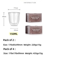 Verres à expresso à double paroi 150 ml, lot de 2, verre borosilicate soufflé à la main, isolés thermiquement, compatibles micro-ondes, pour expresso et cappuccino