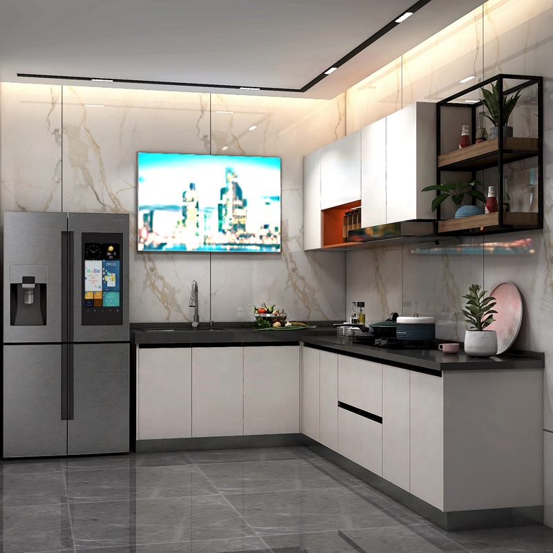 Small L Shape Home Kitchen Furniture Modern White Powder Costing Finishing Kitchen Cabinet