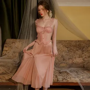 New Women's Luxury Satin Knee Length Nightdress with Push up <b>Breast</b> <b>Pad</b> Quick Dry Breathable Summer Spring Sleepwear - Product Image 3