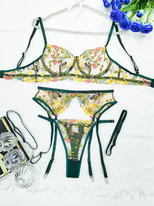 Floral Embroidery Lingerie 3 Pieces <b>Set</b> Women Sheer Mesh Underwire Bra Garter Belt Thong <b>Sexy</b> Intimate Lingerie Suit Wholesale - Product Image 4