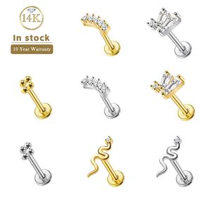 Lotus Manufacturer En stock Piercing Labret en or massif 10K 14K 18K à dos plat, motif serpent, bijou de corps tendance - Product Image 1