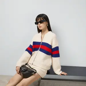 YT Wool And Mohair Blend Knitted Cardigan With Contrasting Webbing Women's Wool Zip-up Cardigan Coat