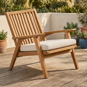 Chaise d'extérieur en teck massif 1 place avec lattes verticales et coussins pour patio - Product Image 1
