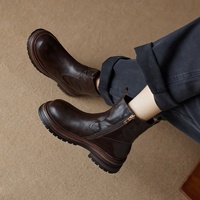 Bottes courtes vintage en cuir véritable pour femme, nouvelle collection automne/hiver 2026, doublure polaire, style rétro, fermeture éclair latérale, talon moyen, antidérapantes, chaudes