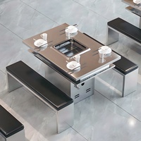 Ensemble de mobilier de restaurant moderne et industriel, créatif, en acier inoxydable, avec table de fondue, table de barbecue et canapé en bois.