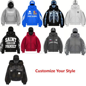OEM personnalisé unisexe poids lourd lavage à l'acide en détresse surdimensionné fermeture éclair cagoule à capuche coton éponge français Streetwear Applique - Product Image 5