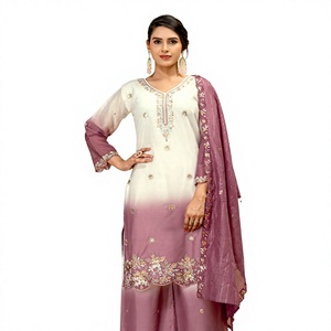 Salwar Kameez en coton pour femme avec dupatta brodée, design ombré blanc et violet, pour un usage décontracté - Product Image 1