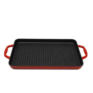 Factory Price Nonstick Camping Cookware 42CM Enamel Steak Griddle Pan Cast Iron Pan Rectangular Roasting Pan