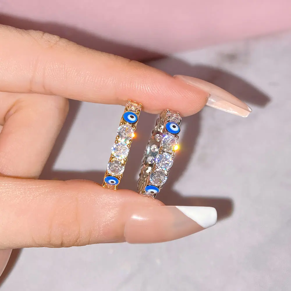 Factory Wholesale Zircon Rings Gold Plated Gemstone Band Ring Enamel Blue Evil Eyes Ring For Woman