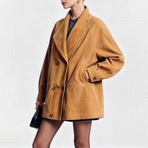 HN5201-1 Echte Lederjacke für Damen, Oberbekleidung mit Breitem Reverskragen, Übergroße Passform, Kordelzug, Lässiger Trenchcoat - Product Image 2