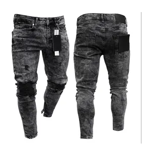 Biker Plain Jeans Hole Tight Men's Distressed Destroyed Pants Art Patches Slim Trousers Men Denim Jeans