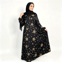 Abaya con Mangas Abullonadas y Estampado de Puntos, Motivo Floral Dorado, Ropa Modesta Musulmana Islámica, Largo hasta el Suelo, Cobertura Completa