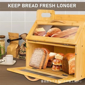 Caja de Pan de Bambú de Doble Capa con Tapa Abatible y Asa, Organizador de Almacenamiento de Madera para Encimera de Cocina, Contenedor de Frutas y Pasteles de Madera Natural - Product Image 5