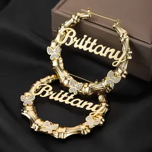 New Style Diamond Butterfly Bamboo Hoop Name Earring Personality Hiphop Sexy Jewelry