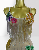 Robe mini transparente en maille pour femme, robe de soirée moulante à fleurs colorées, strass, franges, perles, bretelles fines