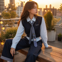 Gilet pull sans manches en maille col en V bleu marine pour femme, style uniforme scolaire JK, haut preppy, vente en gros OEM