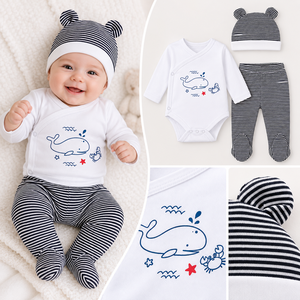 Conjunto de Ropa de Algodón de 3 Piezas para Bebés de 0 a 12 <span class=keywords><strong>Meses</strong></span>, Body Envolvente, Pantalones <span class=keywords><strong>y</strong></span> Gorro a Juego para Usar en Todas las Estaciones - Product Image 2
