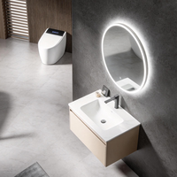 Meuble-lavabo de salle de bain flottant moderne avec miroir rond LED, armoire murale, vasque en céramique et tiroir à fermeture douce