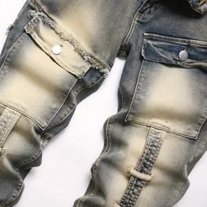 กางเกงยีนส์ผู้ชายสไตล์ดิสเทรส, กางเกงคาร์โก้ Y2K พร้อมสายรัดเข่าและกระเป๋าหลายช่อง, แฟชั่นสตรีทแวร์ฮิปฮอป, เอฟเฟกต์ย้อมสีเหลืองแบบแอซิดวอช - Product Image 6