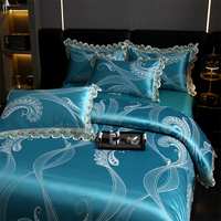 Nouvel ensemble de literie de luxe en coton jacquard bleu, style européen et américain, avec housse de couette et draps à franges, 4 pièces, taille King, pour la maison et l'hôtel