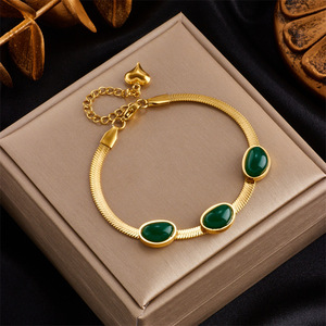 European American Fashion Emerald Titanium Steel Chain Bracelet Gold Color Gift Jewelry B688 - Product Image 1