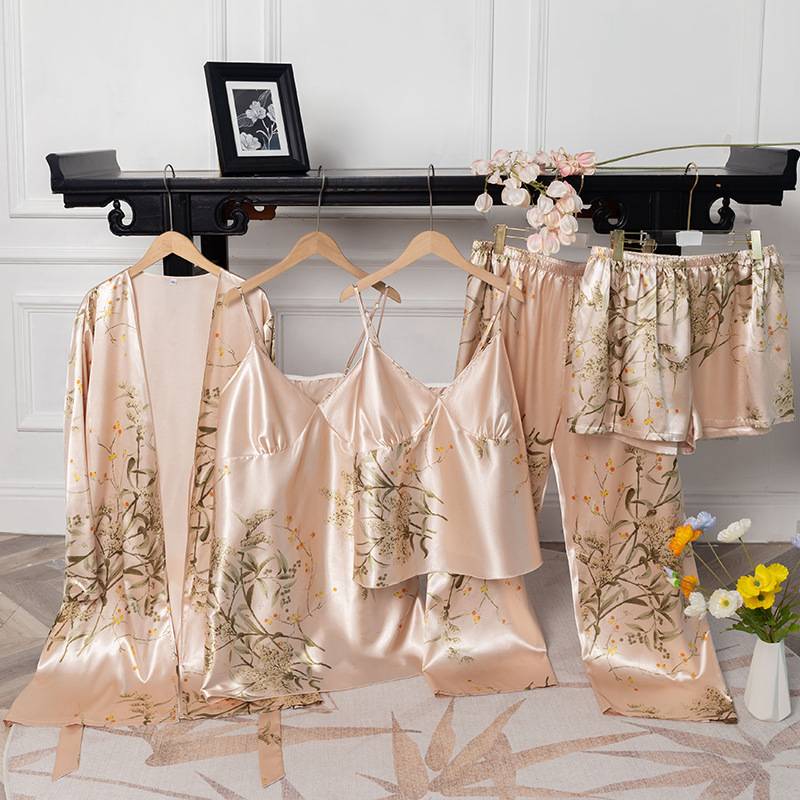 High Quality Sleepwear 5 Piece Sets Plus Size Printed Pajamas for Women Sexy Nightgown Dress Trousers Shorts Satin Silk Pajama
