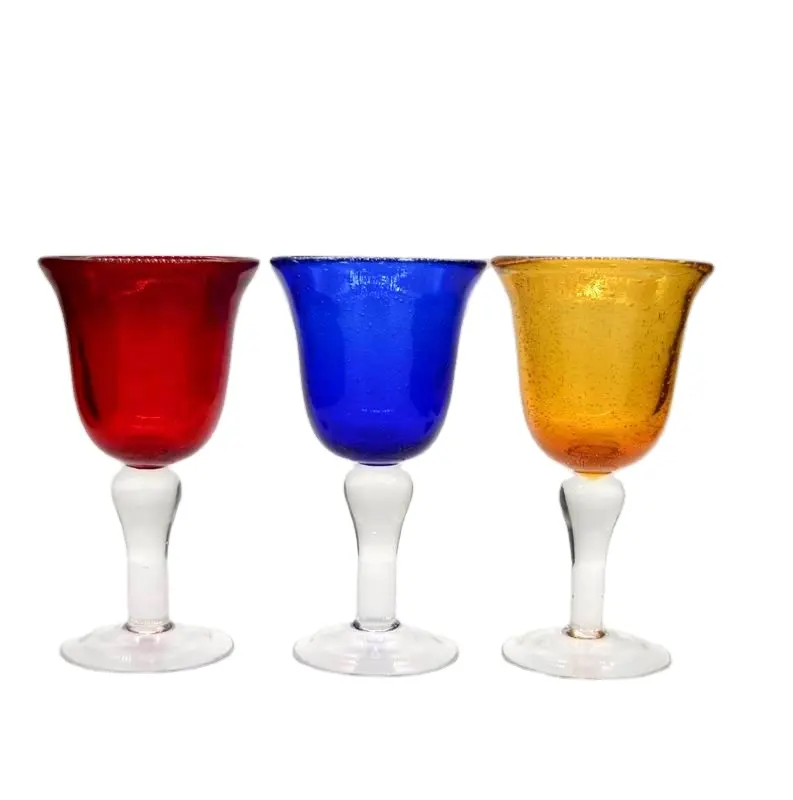 Wholesale Mexican Blue Bubble Wine Goblet Glass Handmade Solid Colored Wine Glasses Vintage Drink Glasses