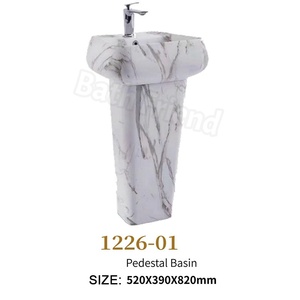 Ensemble de salle de bain en céramique imprimée effet marbre avec décor bord doré, <span class=keywords><strong>WC</strong></span> <span class=keywords><strong>suspendu</strong></span>, lavabo sur colonne intégré - Product Image 4
