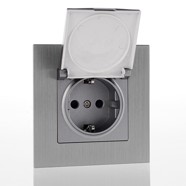 Black Grey Gold Brushed Aluminum Panel European Standard German Schuko Wall Socket with IP44 Waterproof Cover