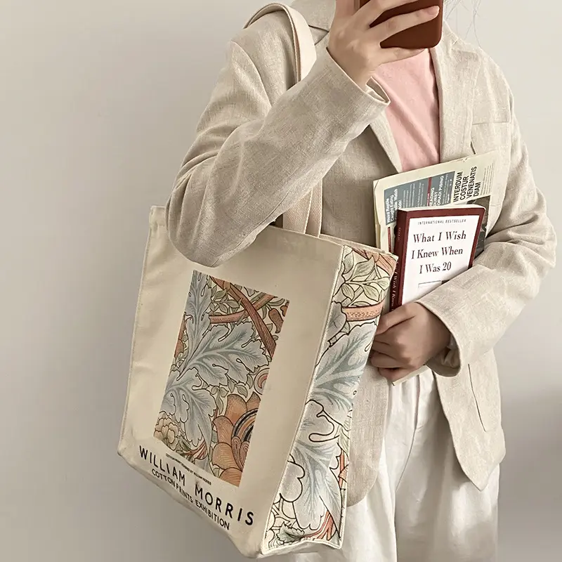 Thick Canvas Female Shoulder Bag Van Gogh Morris Vintage Oil Painting Zipper Books Handbag Large Tote For Women Shopping