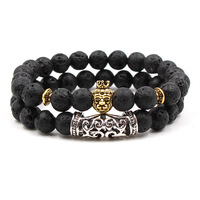 Ensemble de 2 bracelets perlés de 8 mm en pierre volcanique, tête de Bouddha, tête de crâne, casque de guerrier spartiate, couronne, unisexe