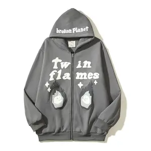 Custom Logo Winter 3d Katoenen Fleece Hoodie Skelet-Hoodie Sweatshirts Met Volle Ritssluiting Hoodie Puff Print