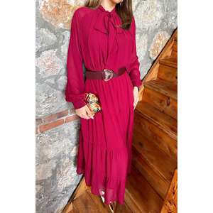 Vestido de Gasa Borgoña con Cuello Atado, Silueta Holgada, Cintura Natural, Translúcido, para Fiesta o Casual - Product Image 1