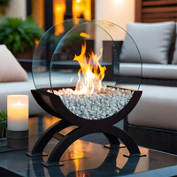Grande cheminée autoportante noire au sol, à éthanol, décorative, pour intérieur et extérieur, avec pierres blanches