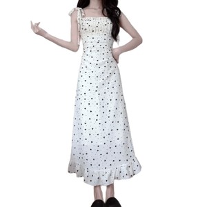 White Polka Dot Slip Dress Square <b>Neck</b> Tight Waist Breathable Long Dress For Women Casual Daily Wear - Product Image 5