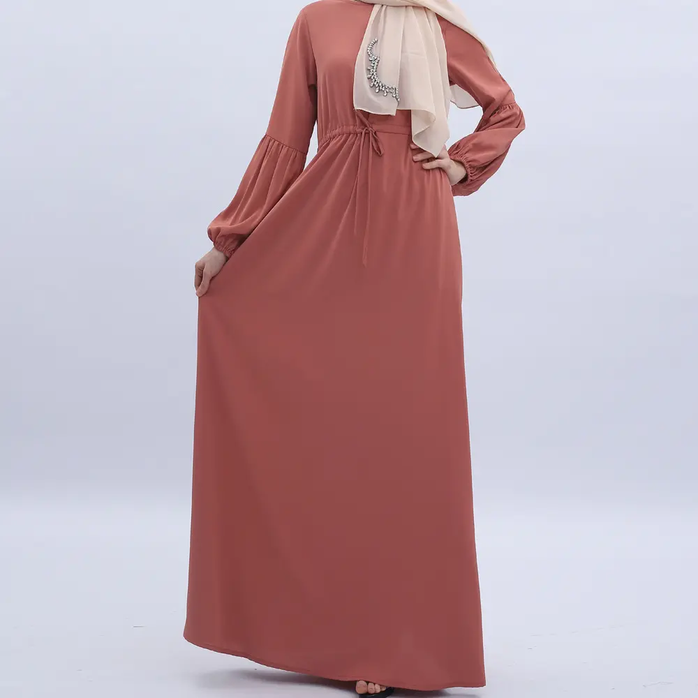 ソリッドランタンスリーブ弾性カフドレス学生イスラム教徒の女の子黒アビアイスラム教徒の女性ファッションEid女性ロングドレス服