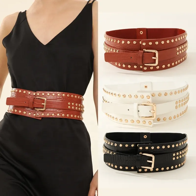 Wholesale Fashionable Pin Buckle Elastic Rivets Stretch Wide PU leather belts Ladies dress Corset Cinch Belts